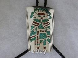Early, signed, chip inlay Kachina Bolo Tie 3-1/8