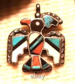 Early vintage MULTI-STONE INLAY PARROT PENDANT Zuni turquoise coral signed UUE