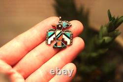 Early vintage MULTI-STONE INLAY PARROT PENDANT Zuni turquoise coral signed UUE