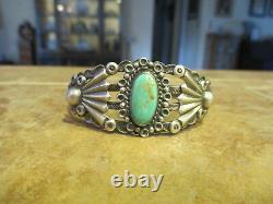 Elaborate EARLY Fred Harvey Era Navajo COIN Silver Turquoise FAN Bracelet