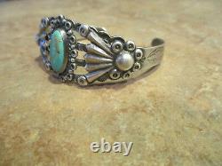 Elaborate EARLY Fred Harvey Era Navajo COIN Silver Turquoise FAN Bracelet