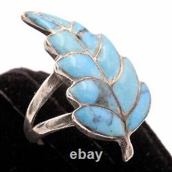 Exquisite Sterling Silver Early Navajo Turquoise Leaf Inlaid Ring Sz 6