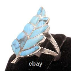 Exquisite Sterling Silver Early Navajo Turquoise Leaf Inlaid Ring Sz 6