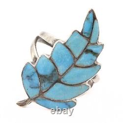 Exquisite Sterling Silver Early Navajo Turquoise Leaf Inlaid Ring Sz 6