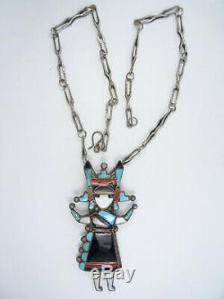 FINEST 40's EARLY ZUNI CHANNEL INLAY MAIDEN PENDANT STERLING NECKLACE 22 / 59g