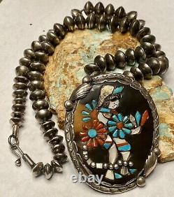 FINEST Old Pawn Early Zuni Sterling Multi-Gem Inlay Zuni Dancer Pendant Necklace