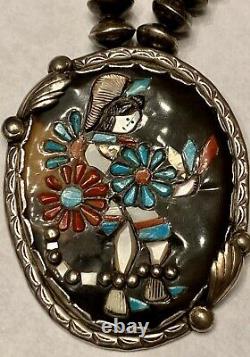 FINEST Old Pawn Early Zuni Sterling Multi-Gem Inlay Zuni Dancer Pendant Necklace