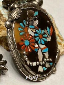 FINEST Old Pawn Early Zuni Sterling Multi-Gem Inlay Zuni Dancer Pendant Necklace