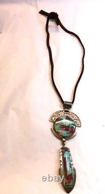 Frank Yellowhorse 1970 Sterling Turquoise LARGE PENDANT INLAYED! NOS! RARE