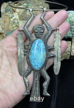 HUGE! Ceremonial Hopi Preston Monongye Ster. Silver & Turquoise Pendant 108.3g