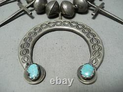 Historical Early 1900's Vintage Navajo Turquoise Silver Squash Blossom Necklace