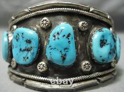 Huge Early Vintage Navajo Blue Turquoise Sterling Silver Bracelet Old