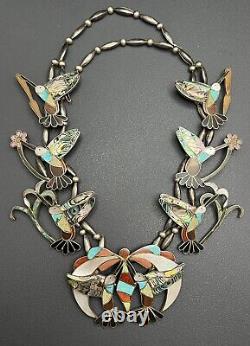 Huge Early Zuni Sterling Silver Turquoise Hummingbird Squash Blossom Necklace