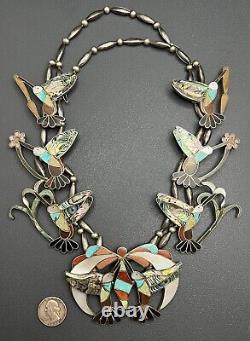 Huge Early Zuni Sterling Silver Turquoise Hummingbird Squash Blossom Necklace