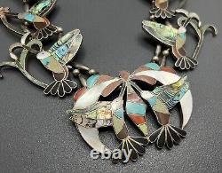 Huge Early Zuni Sterling Silver Turquoise Hummingbird Squash Blossom Necklace
