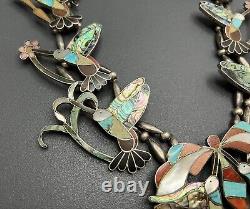 Huge Early Zuni Sterling Silver Turquoise Hummingbird Squash Blossom Necklace