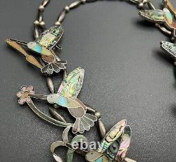 Huge Early Zuni Sterling Silver Turquoise Hummingbird Squash Blossom Necklace