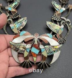 Huge Early Zuni Sterling Silver Turquoise Hummingbird Squash Blossom Necklace