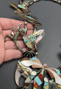 Huge Early Zuni Sterling Silver Turquoise Hummingbird Squash Blossom Necklace