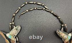 Huge Early Zuni Sterling Silver Turquoise Hummingbird Squash Blossom Necklace