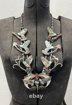 Huge Early Zuni Sterling Silver Turquoise Hummingbird Squash Blossom Necklace