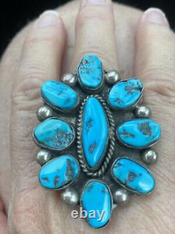 Huge NAVAJO Early Old Pawn Cluster RING Kingman TURQUOISE STERLING Sz 9