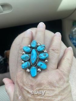 Huge NAVAJO Early Old Pawn Cluster RING Kingman TURQUOISE STERLING Sz 9