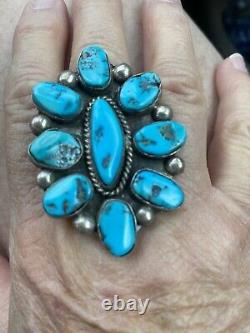 Huge NAVAJO Early Old Pawn Cluster RING Kingman TURQUOISE STERLING Sz 9