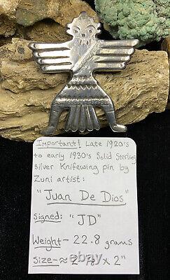 IMPORTANT! 1920's SIGNED Zuni Juan De Dios Sterling Silver Knifewing Pin