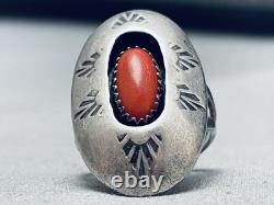 Important Early Hallmark Raymond Yazzie Coral Sterling Silver Ring