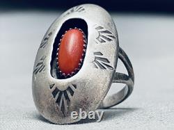 Important Early Hallmark Raymond Yazzie Coral Sterling Silver Ring