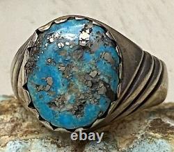 Important Early Hopi LEWIS LOMAY Sterling & Old Morenci Turquoise Ring Size 9.5