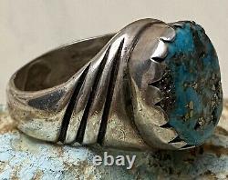 Important Early Hopi LEWIS LOMAY Sterling & Old Morenci Turquoise Ring Size 9.5