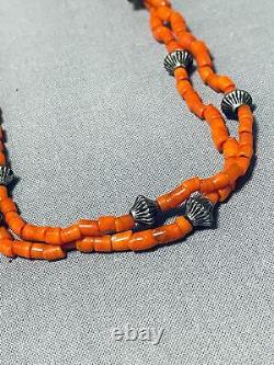 Important Early Vintage Navajo Coral Sterling Silver Bead Necklace Old
