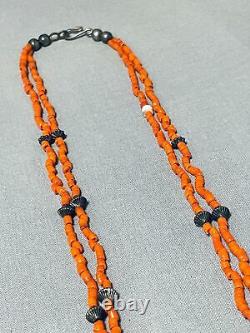 Important Early Vintage Navajo Coral Sterling Silver Bead Necklace Old