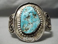 Important Early Vintage Navajo Persin Turquoise Sterling Silver Swirl Bracelet