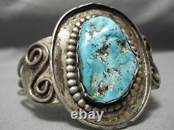 Important Early Vintage Navajo Persin Turquoise Sterling Silver Swirl Bracelet