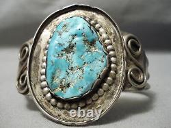 Important Early Vintage Navajo Persin Turquoise Sterling Silver Swirl Bracelet