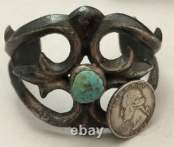 Incredible Early Navajo Sterling Silver Turquoise Sand Cast Native Cuff Bracelet