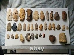 Indian Artifact Collection Lot Arrowheads Bannerstone Tools Clovis Thebes Knifes