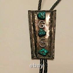 Initials'GS' Navajo Bolo Tie Turquoise Silver Bennett Clasp Early Shadow Box