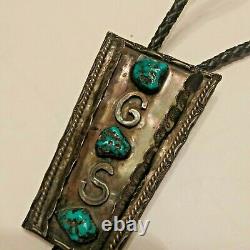 Initials'GS' Navajo Bolo Tie Turquoise Silver Bennett Clasp Early Shadow Box