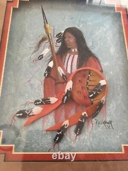 Jim Redhawk 1992 original signed painting, Native American, early work leather &