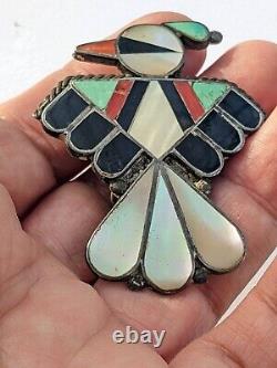 LARGE EARLY 1950s ZUNI TURQUOISE CORAL MOP STERLING THUNDERBIRD BOLO BENNETT H2