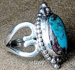 LARGE EARLY VINTAGE NAVAJO STERLING SILVER FINE NATURAL TURQUOISE RING sz 8.5