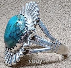 LARGE EARLY VINTAGE NAVAJO STERLING SILVER FINE NATURAL WEB TURQUOISE RING sz 10