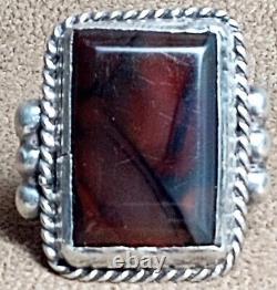 LARGE EARLY VINTAGE NAVAJO STERLING SILVER PETRIFIED WOOD AGATE RING sz 11.5+