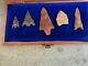 Lot- 5 Vintage Early Native American Stone Arrow Heads In Wood Display Case