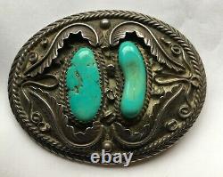 Large Early Navajo Silver & Turquoise Belt Buckle With Tee Pee Hallmark & 925