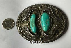 Large Early Navajo Silver & Turquoise Belt Buckle With Tee Pee Hallmark & 925